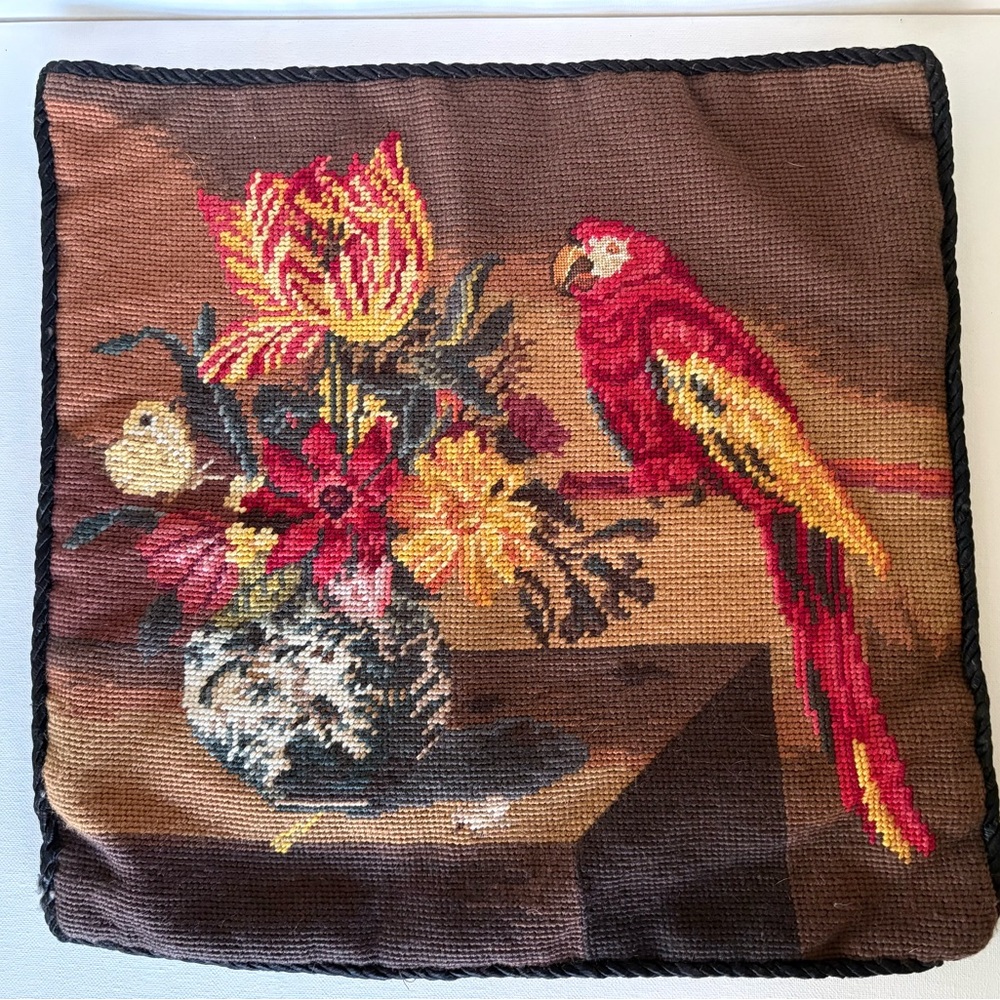Katha Diddel Floral & Parrot Needlepoint Pillow Cover in Brown, Red, Yellow